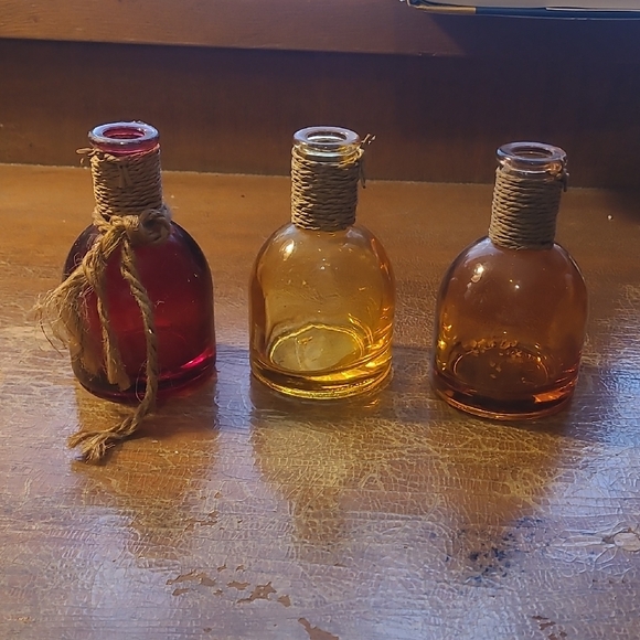 Other - Set of Three Rustic Glass Bottles - Red, Yellow, and Brown
